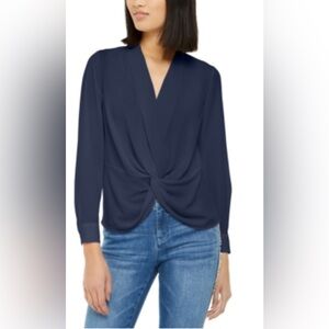 INC Small Chiffon Navy Blue Twisted Front Long Sleeve Sheer Blouse